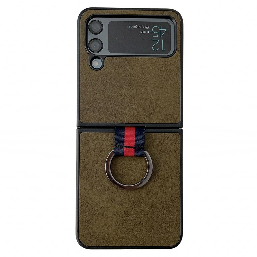 For Samsung Galaxy Z Flip4 5G Textured PU Leather Coated PC Back Cover Metal Ring Holder Folding Phone Case