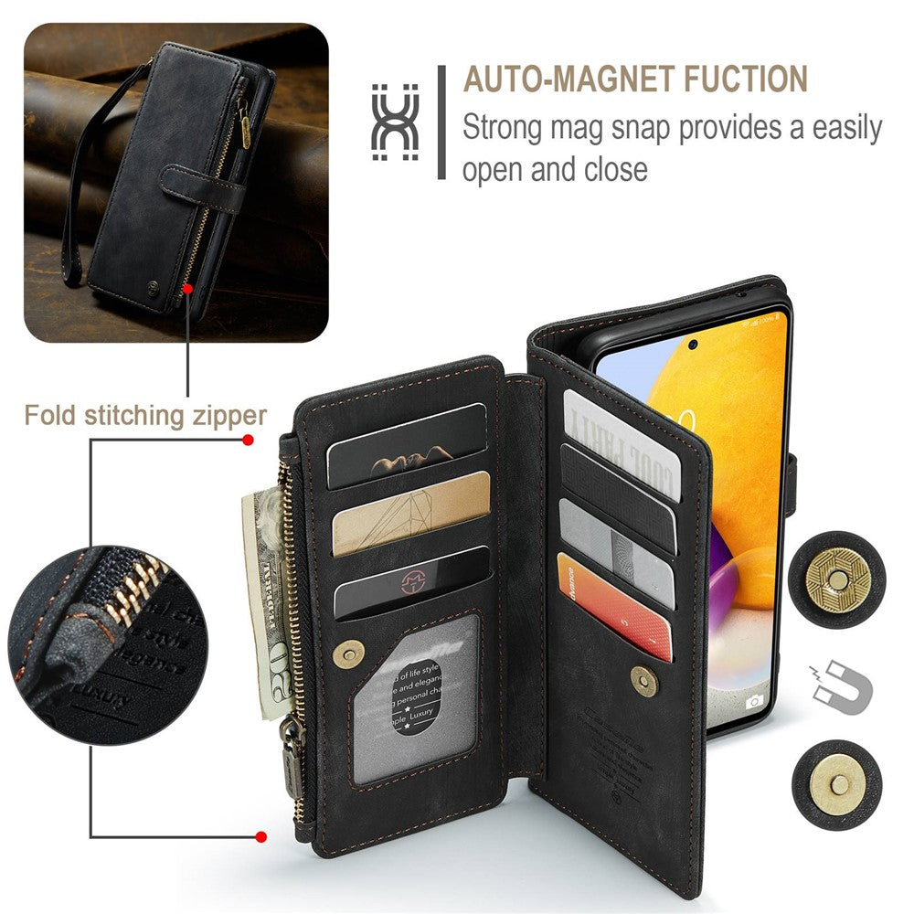 For Samsung Galaxy A72 4G / 5G Phone Cases with Strap CASEME C30 Zipper Multiple Card Holder PU Leather Cover