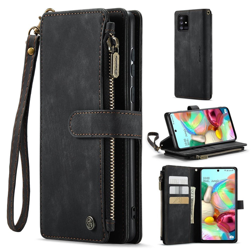 For Samsung Galaxy A71 4G SM-A715 Phone Cases with Strap CASEME C30 Zipper Multiple Card Holder PU Leather Cover