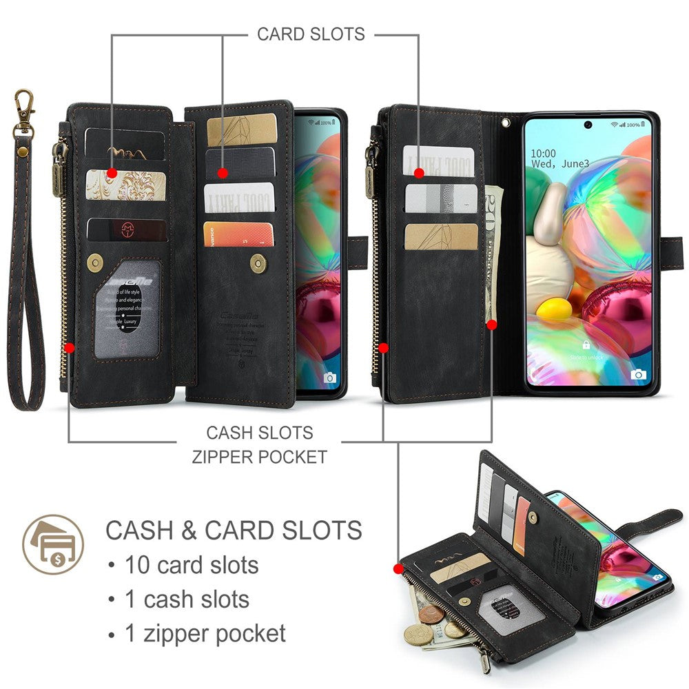 For Samsung Galaxy A71 4G SM-A715 Phone Cases with Strap CASEME C30 Zipper Multiple Card Holder PU Leather Cover
