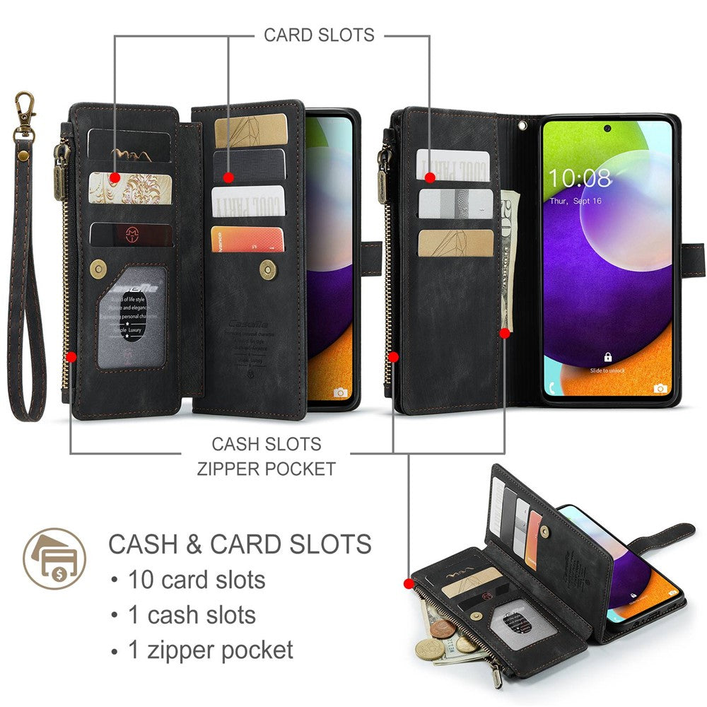 For Samsung Galaxy A52 4G / 5G / A52s 5G Phone Cases with Strap CASEME C30 Zipper Multiple Card Holder PU Leather Cover