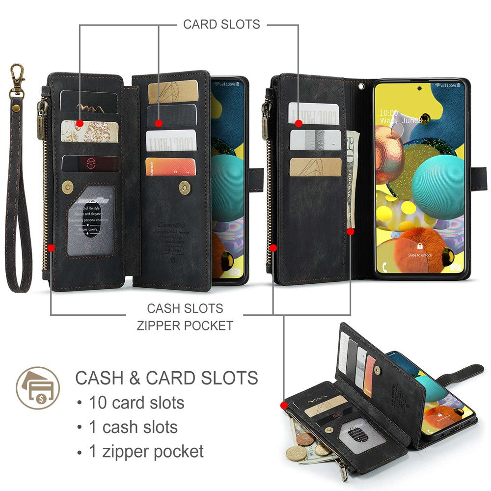 For Samsung Galaxy A51 4G SM-A515 Phone Cases with Strap CASEME C30 Zipper Multiple Card Holder PU Leather Cover