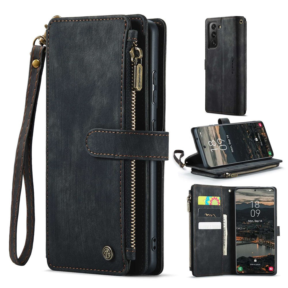 For Samsung Galaxy S22+ 5G Phone Cases with Strap CASEME C30 Zipper Multiple Card Holder PU Leather Cover