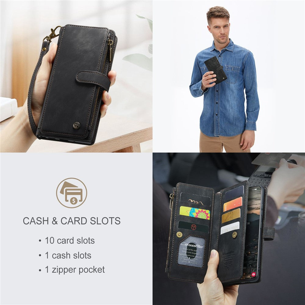 For Samsung Galaxy S22+ 5G Phone Cases with Strap CASEME C30 Zipper Multiple Card Holder PU Leather Cover