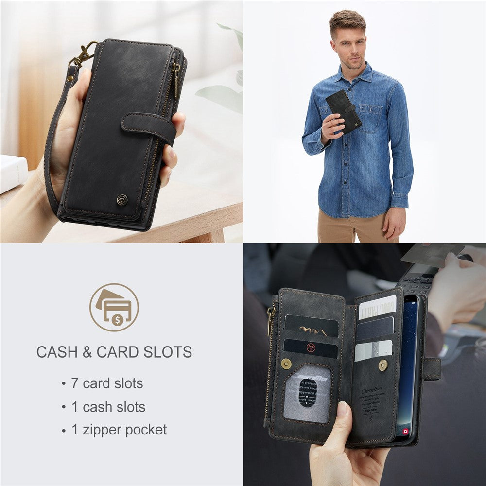 For Samsung Galaxy S22 5G Phone Cases with Strap CASEME C30 Zipper Multiple Card Holder PU Leather Cover