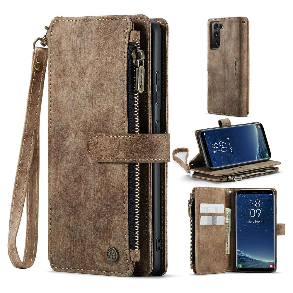 For Samsung Galaxy S22 5G Phone Cases with Strap CASEME C30 Zipper Multiple Card Holder PU Leather Cover