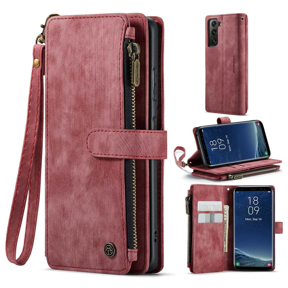 For Samsung Galaxy S22 5G Phone Cases with Strap CASEME C30 Zipper Multiple Card Holder PU Leather Cover