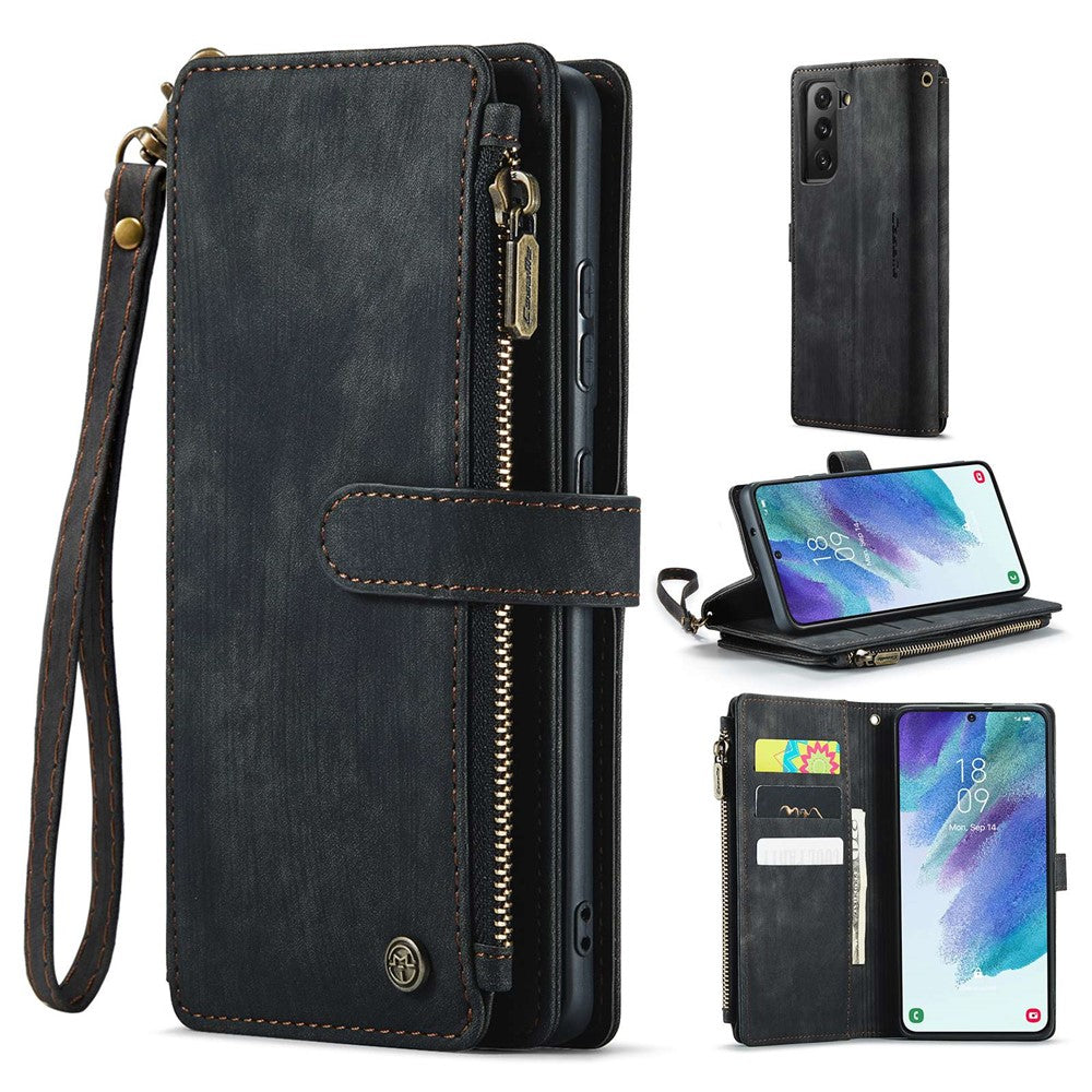 For Samsung Galaxy S21 FE 5G Phone Cases with Strap CASEME C30 Zipper Multiple Card Holder PU Leather Cover