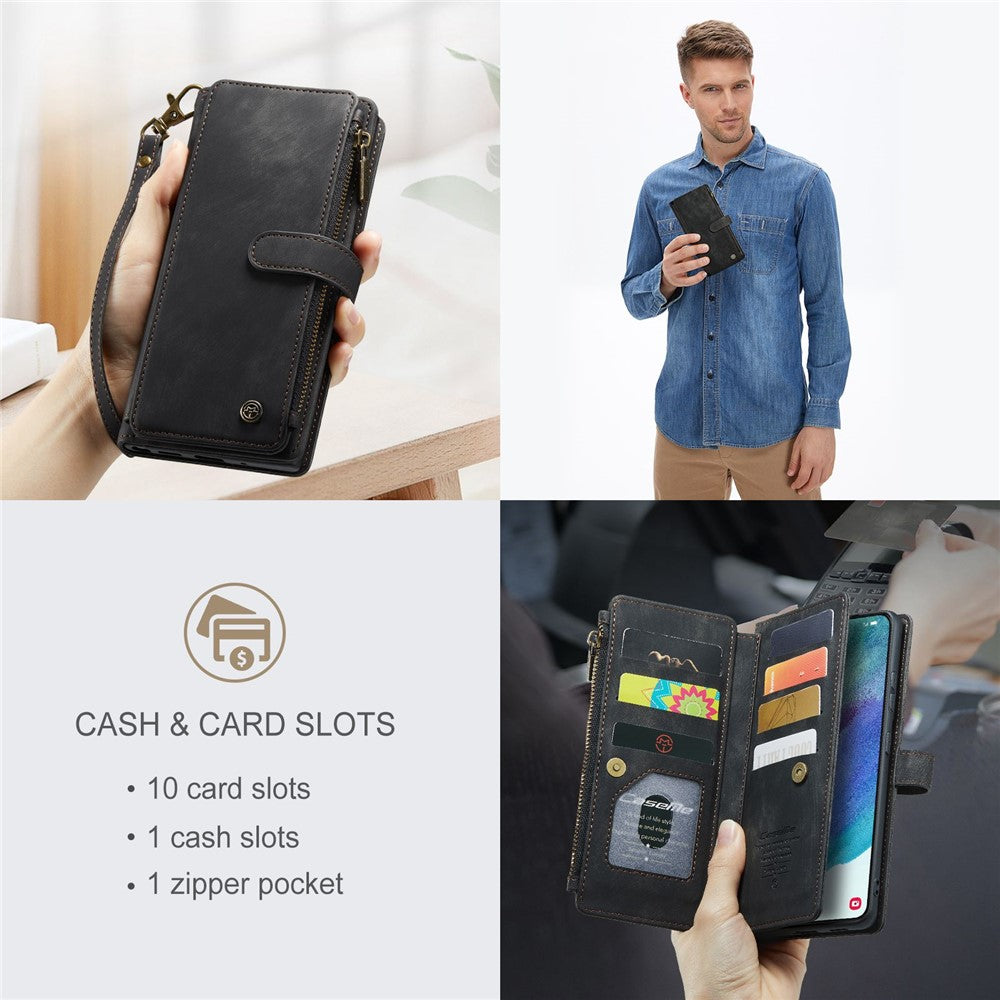 For Samsung Galaxy S21 FE 5G Phone Cases with Strap CASEME C30 Zipper Multiple Card Holder PU Leather Cover