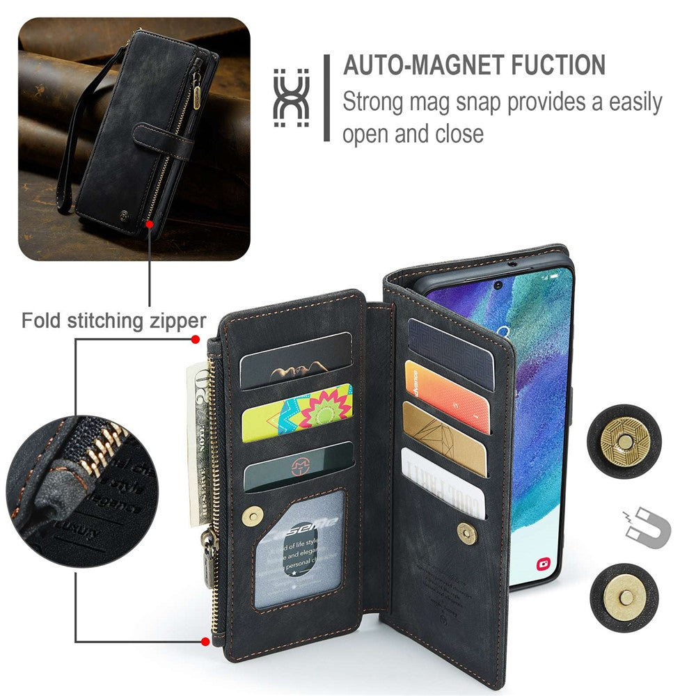 For Samsung Galaxy S21 FE 5G Phone Cases with Strap CASEME C30 Zipper Multiple Card Holder PU Leather Cover