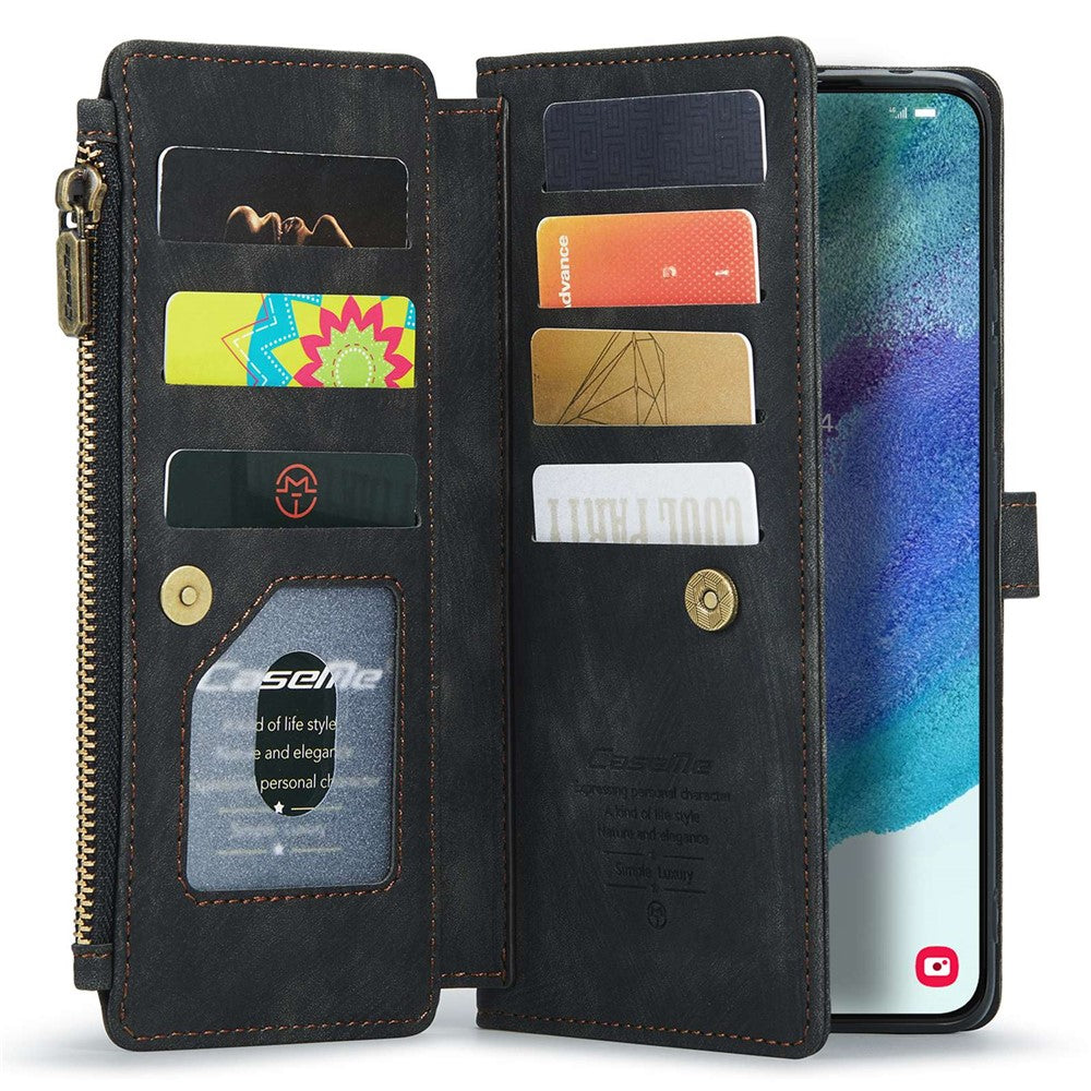 For Samsung Galaxy S21 FE 5G Phone Cases with Strap CASEME C30 Zipper Multiple Card Holder PU Leather Cover