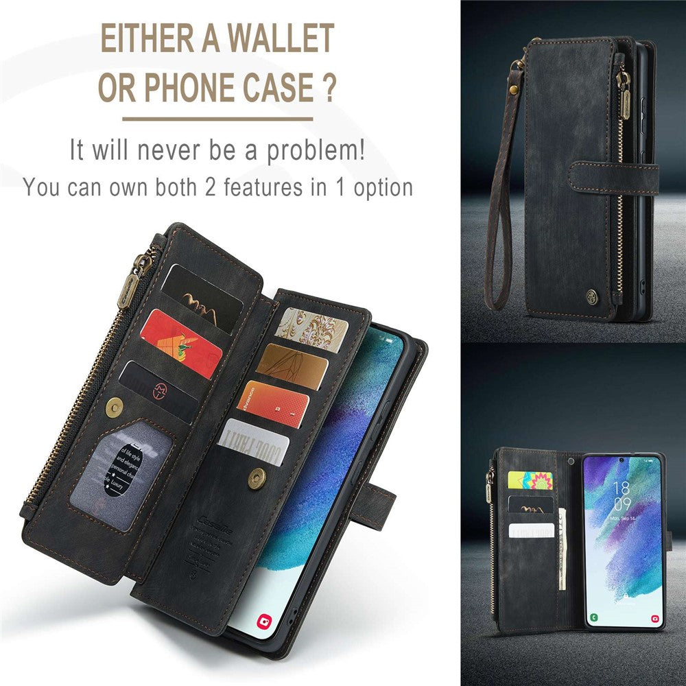 For Samsung Galaxy S21 FE 5G Phone Cases with Strap CASEME C30 Zipper Multiple Card Holder PU Leather Cover
