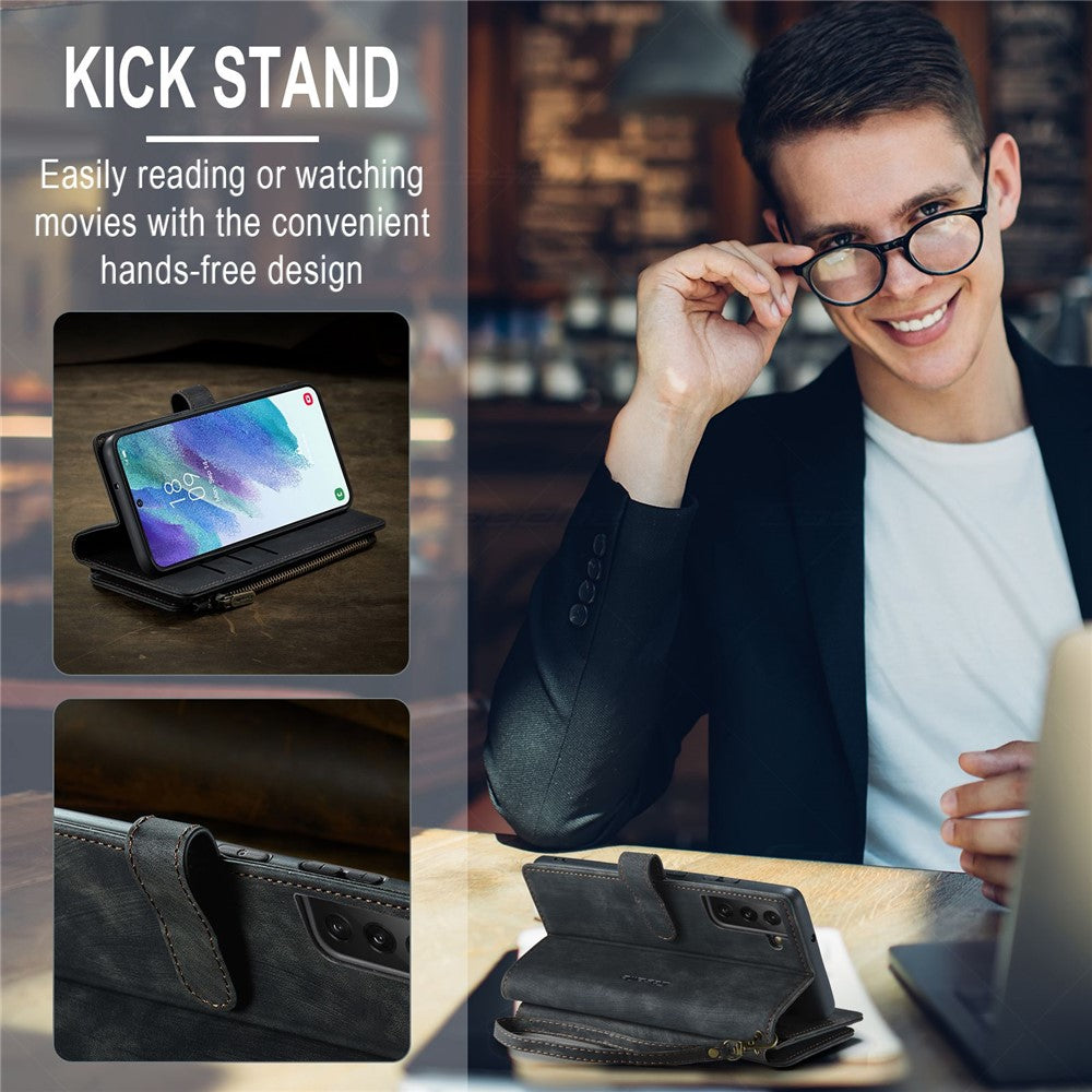 For Samsung Galaxy S21 FE 5G Phone Cases with Strap CASEME C30 Zipper Multiple Card Holder PU Leather Cover
