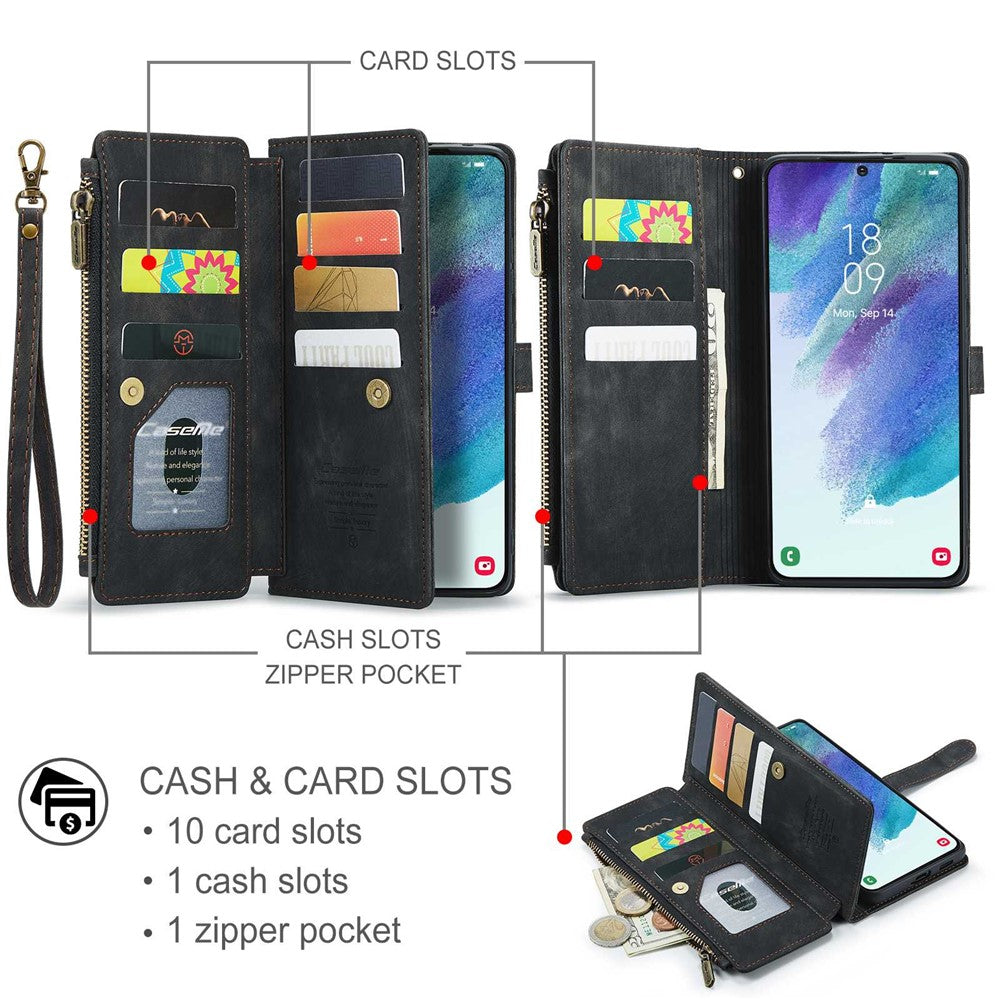 For Samsung Galaxy S21 FE 5G Phone Cases with Strap CASEME C30 Zipper Multiple Card Holder PU Leather Cover