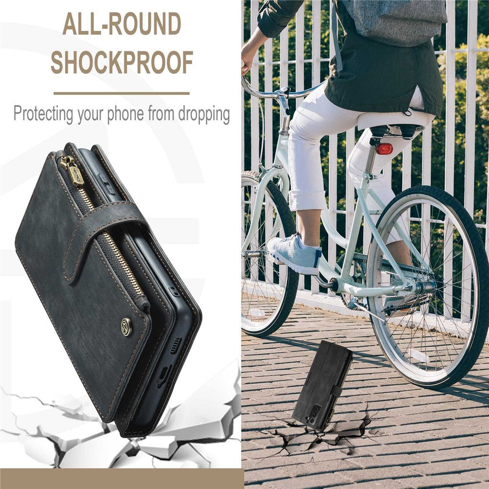 For Samsung Galaxy S21 FE 5G Phone Cases with Strap CASEME C30 Zipper Multiple Card Holder PU Leather Cover