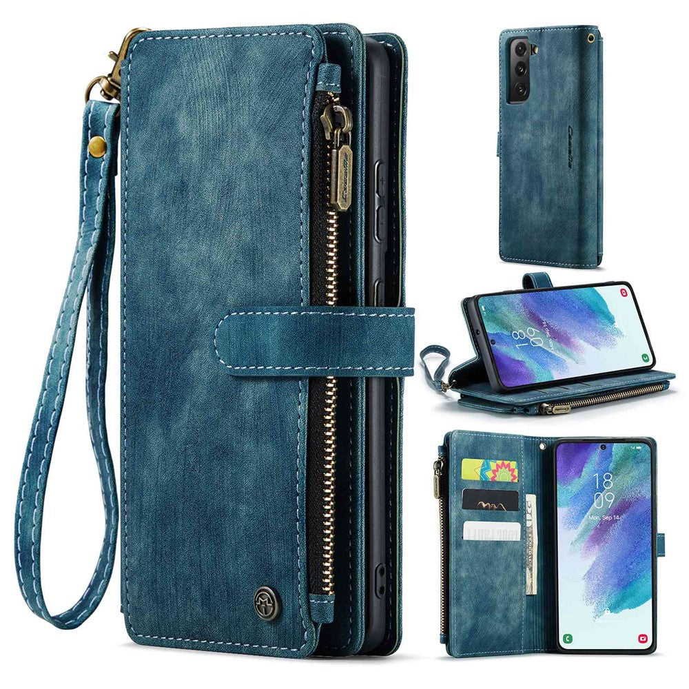 For Samsung Galaxy S21 FE 5G Phone Cases with Strap CASEME C30 Zipper Multiple Card Holder PU Leather Cover
