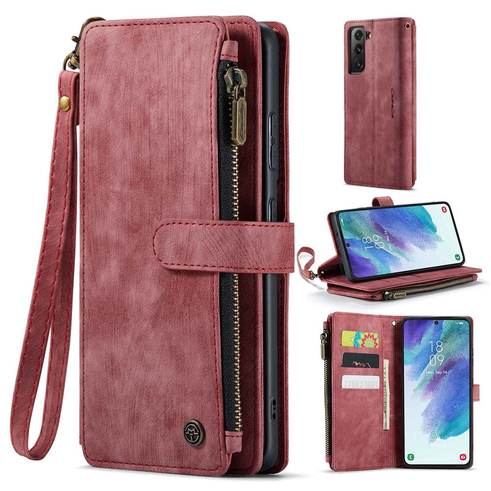 For Samsung Galaxy S21 FE 5G Phone Cases with Strap CASEME C30 Zipper Multiple Card Holder PU Leather Cover