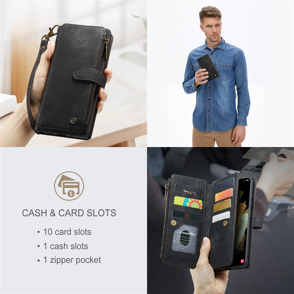 For Samsung Galaxy S21 Ultra 5G Phone Cases with Strap CASEME C30 Zipper Multiple Card Holder PU Leather Cover