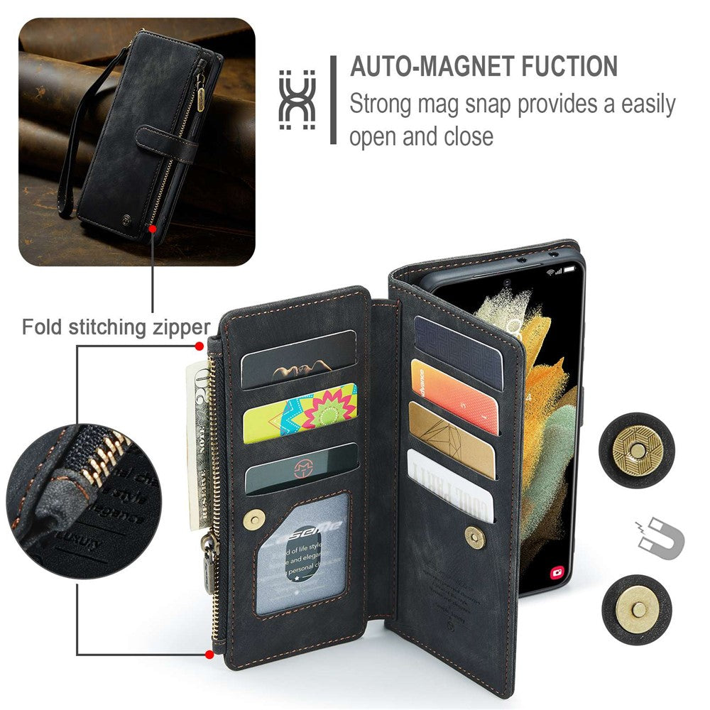 For Samsung Galaxy S21 Ultra 5G Phone Cases with Strap CASEME C30 Zipper Multiple Card Holder PU Leather Cover