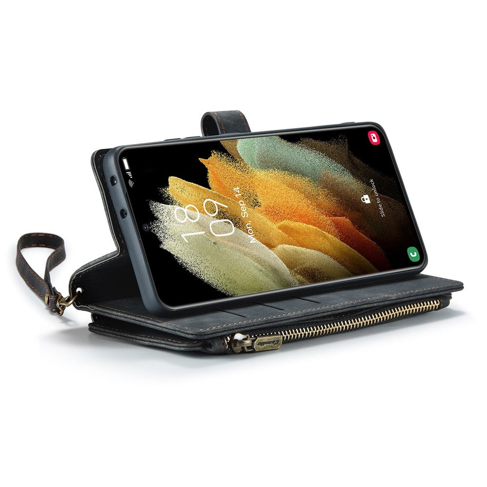 For Samsung Galaxy S21 Ultra 5G Phone Cases with Strap CASEME C30 Zipper Multiple Card Holder PU Leather Cover