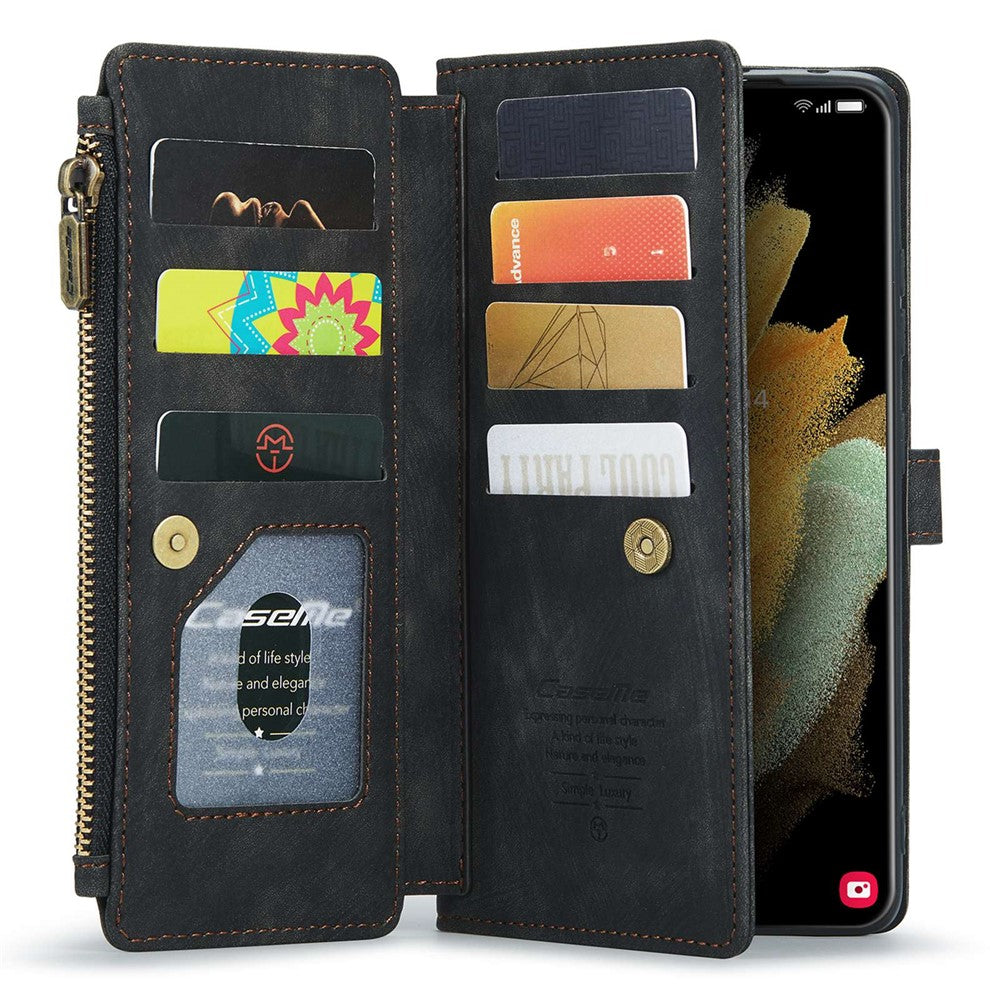 For Samsung Galaxy S21 Ultra 5G Phone Cases with Strap CASEME C30 Zipper Multiple Card Holder PU Leather Cover