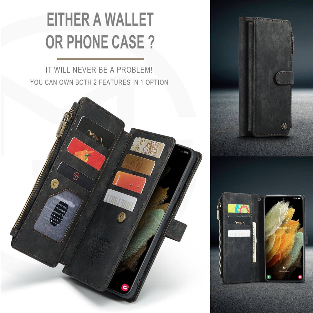 For Samsung Galaxy S21 Ultra 5G Phone Cases with Strap CASEME C30 Zipper Multiple Card Holder PU Leather Cover