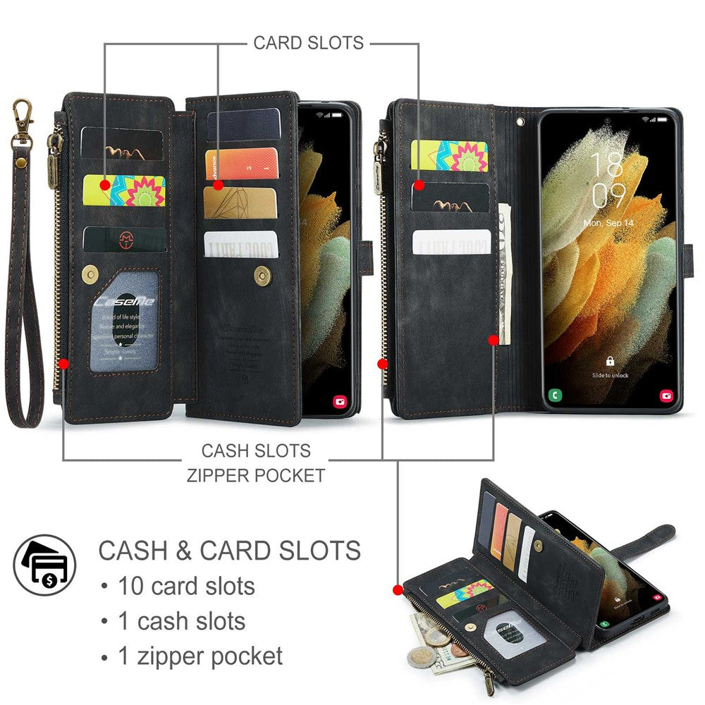 For Samsung Galaxy S21 Ultra 5G Phone Cases with Strap CASEME C30 Zipper Multiple Card Holder PU Leather Cover