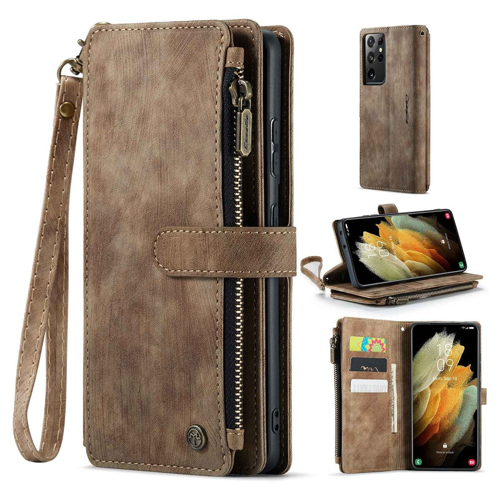 For Samsung Galaxy S21 Ultra 5G Phone Cases with Strap CASEME C30 Zipper Multiple Card Holder PU Leather Cover
