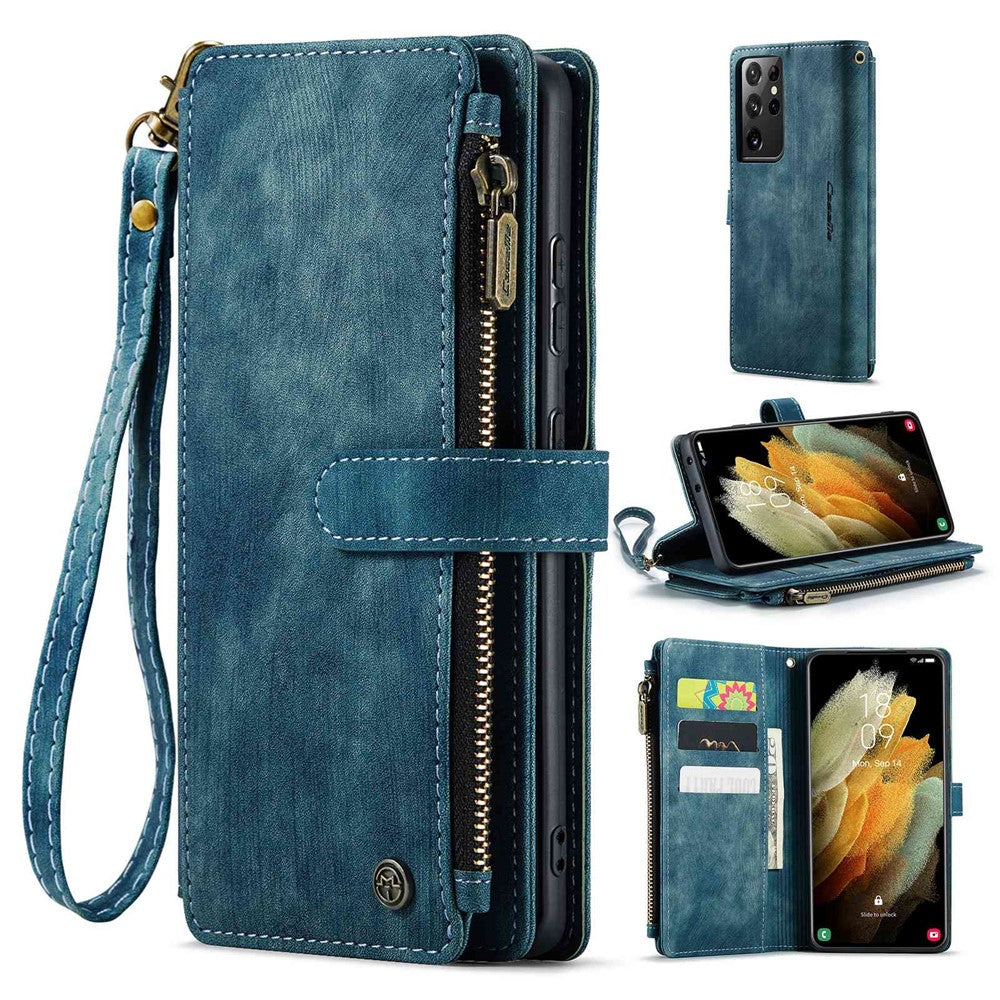 For Samsung Galaxy S21 Ultra 5G Phone Cases with Strap CASEME C30 Zipper Multiple Card Holder PU Leather Cover