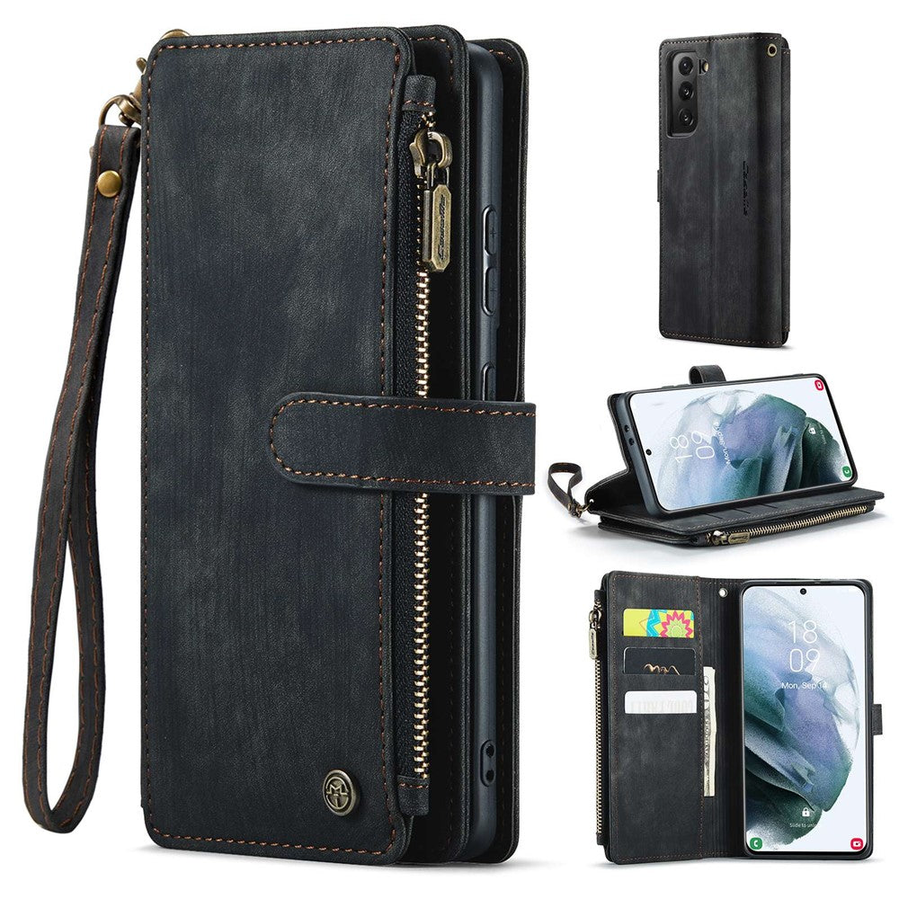 For Samsung Galaxy S21+ 5G Phone Cases with Strap CASEME C30 Zipper Multiple Card Holder PU Leather Cover