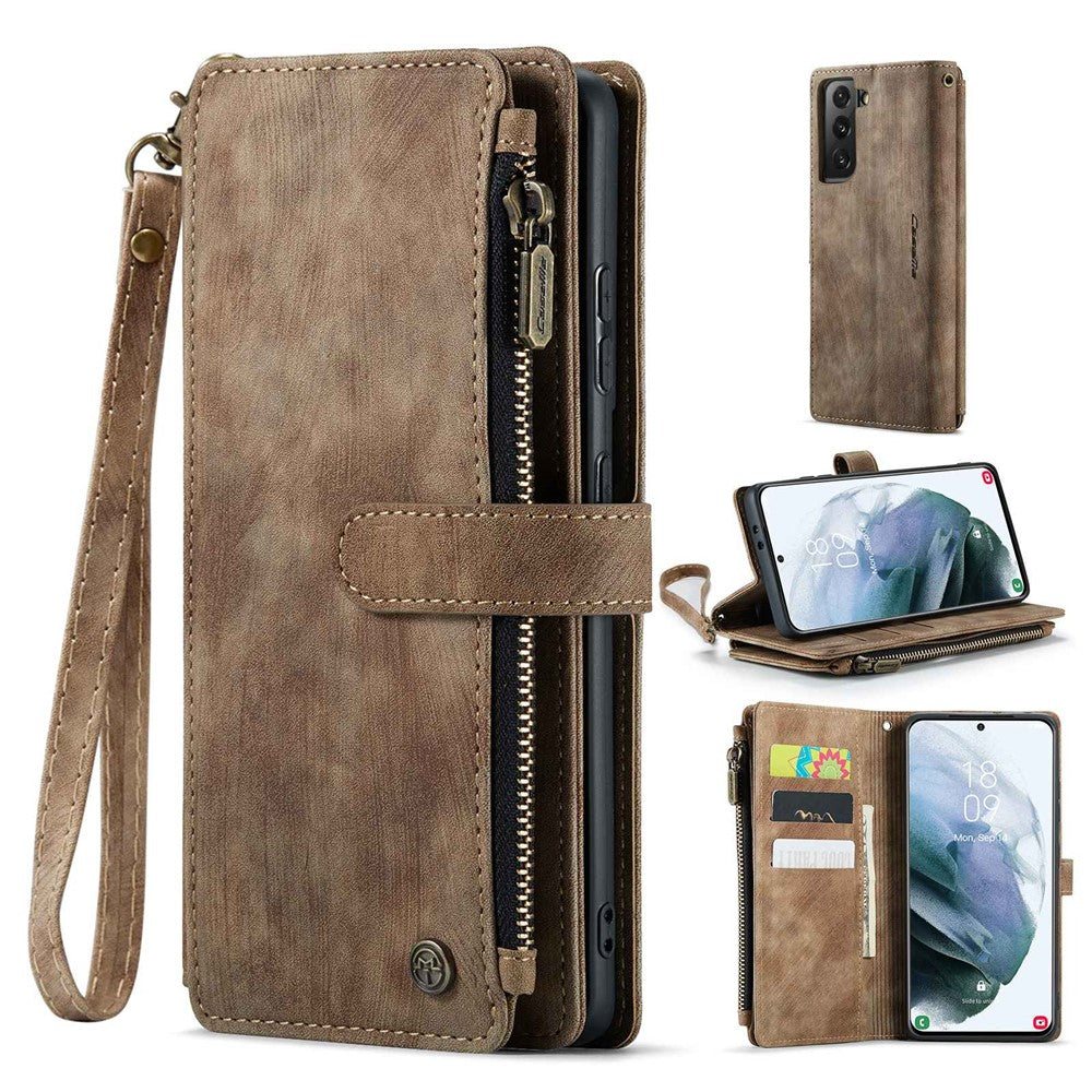 For Samsung Galaxy S21+ 5G Phone Cases with Strap CASEME C30 Zipper Multiple Card Holder PU Leather Cover