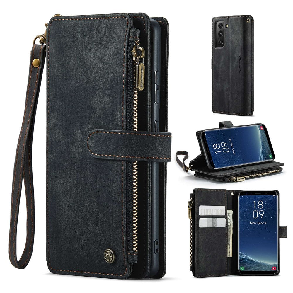 For Samsung Galaxy S21 4G / 5G Phone Cases with Strap CASEME C30 Zipper Multiple Card Holder PU Leather Cover