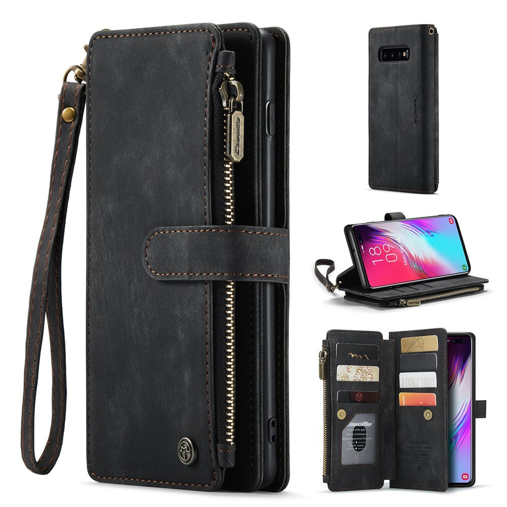 For Samsung Galaxy S10 Plus 4G Phone Cases with Strap CASEME C30 Zipper Multiple Card Holder PU Leather Cover
