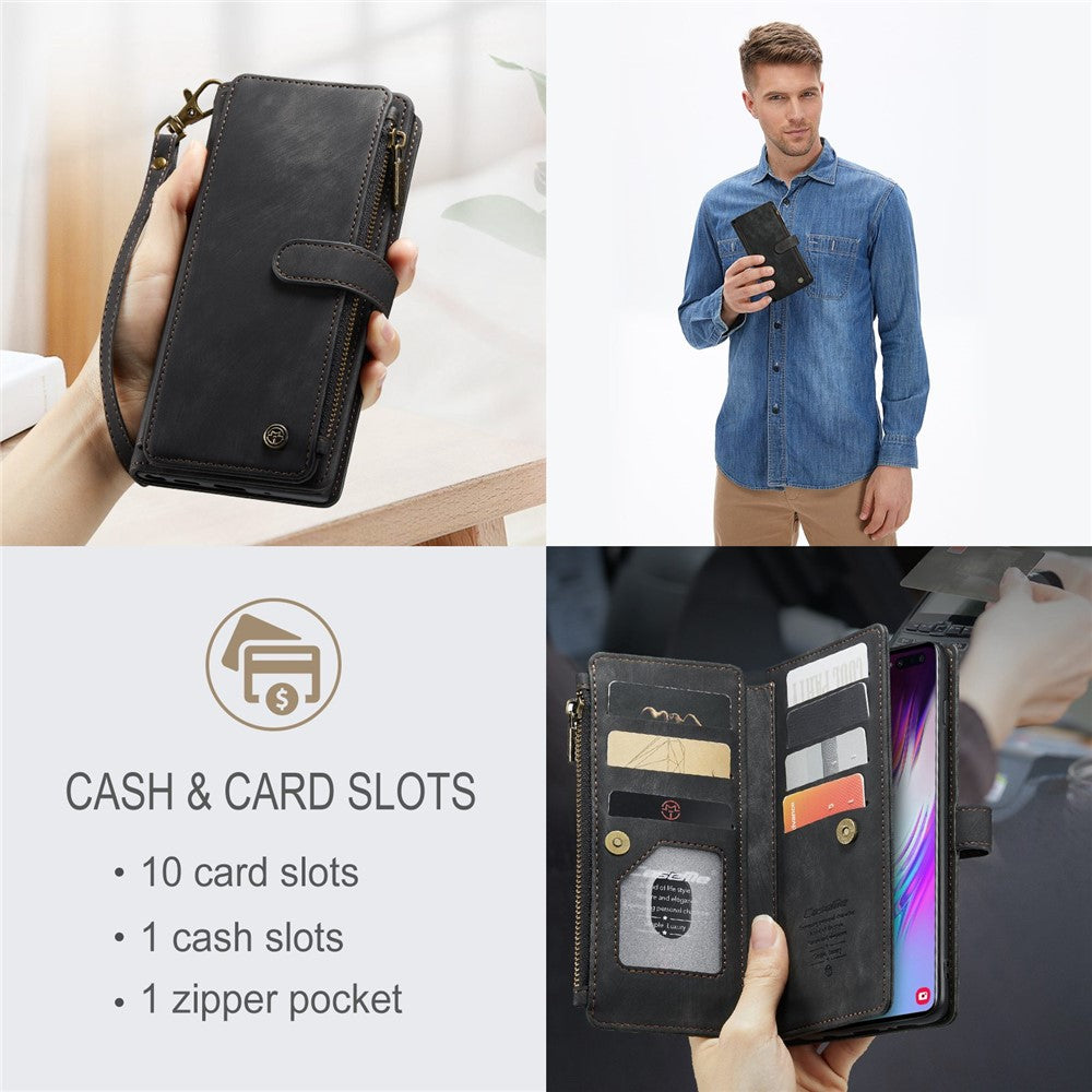 For Samsung Galaxy S10 Plus 4G Phone Cases with Strap CASEME C30 Zipper Multiple Card Holder PU Leather Cover