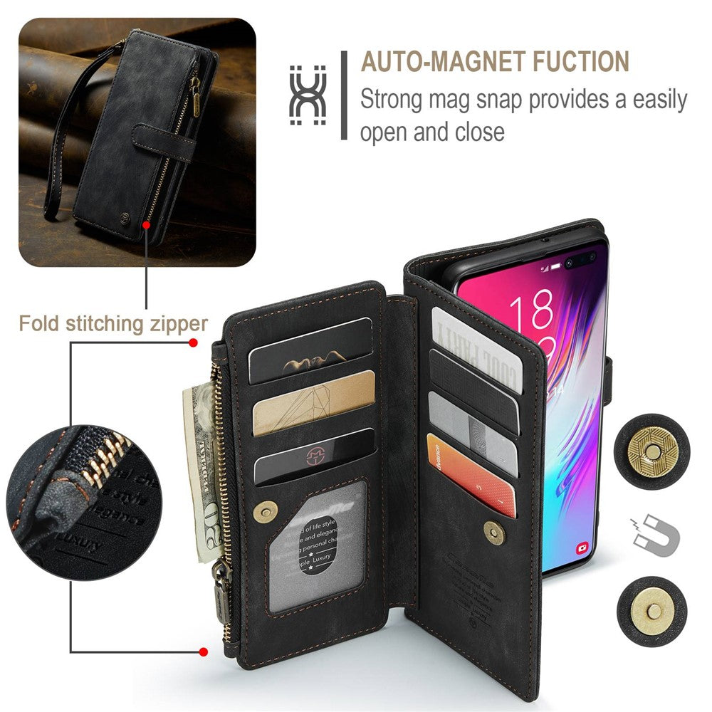 For Samsung Galaxy S10 Plus 4G Phone Cases with Strap CASEME C30 Zipper Multiple Card Holder PU Leather Cover