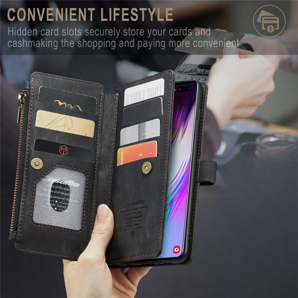 For Samsung Galaxy S10 Plus 4G Phone Cases with Strap CASEME C30 Zipper Multiple Card Holder PU Leather Cover