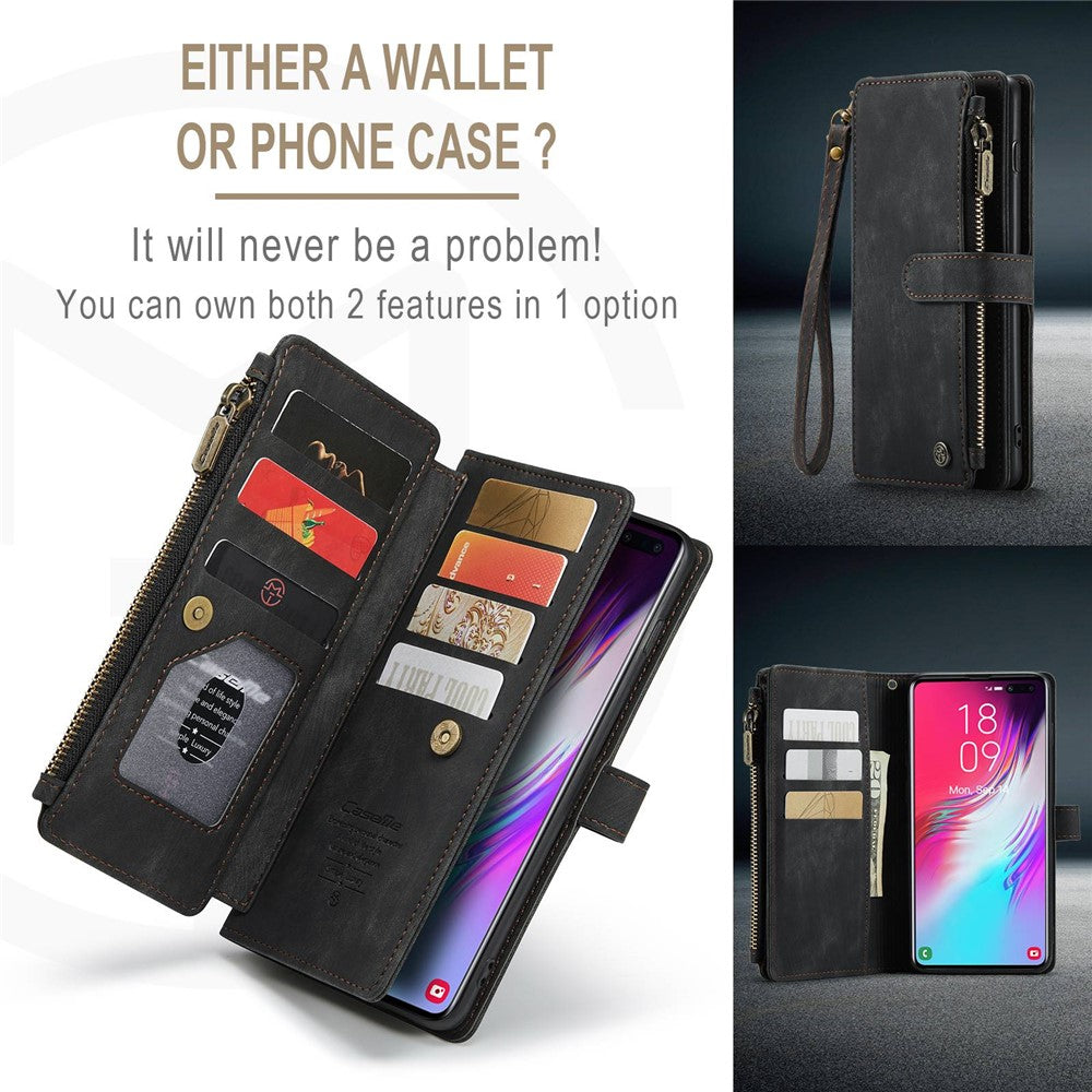 For Samsung Galaxy S10 Plus 4G Phone Cases with Strap CASEME C30 Zipper Multiple Card Holder PU Leather Cover