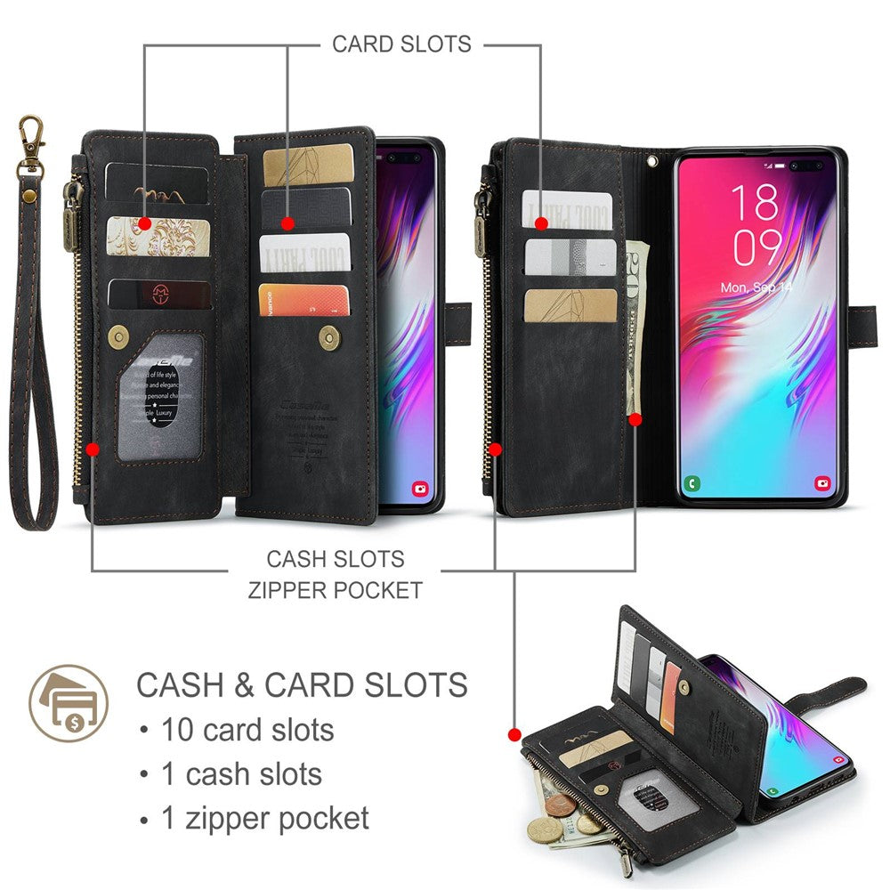 For Samsung Galaxy S10 Plus 4G Phone Cases with Strap CASEME C30 Zipper Multiple Card Holder PU Leather Cover