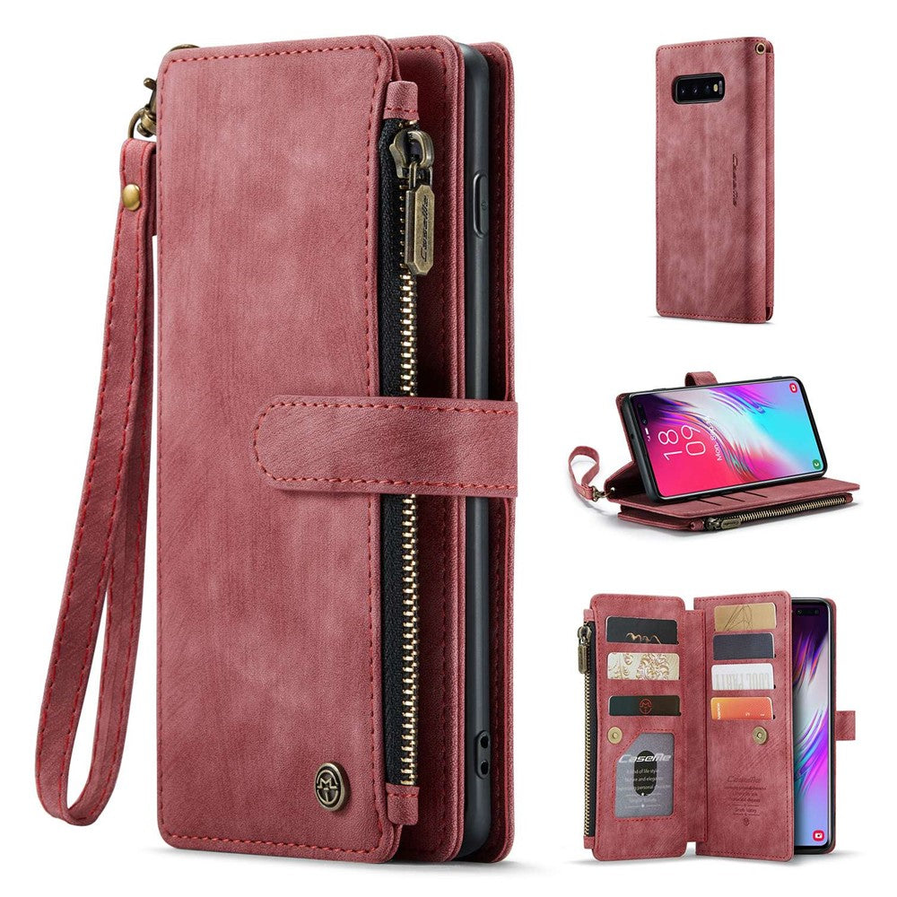 For Samsung Galaxy S10 Plus 4G Phone Cases with Strap CASEME C30 Zipper Multiple Card Holder PU Leather Cover