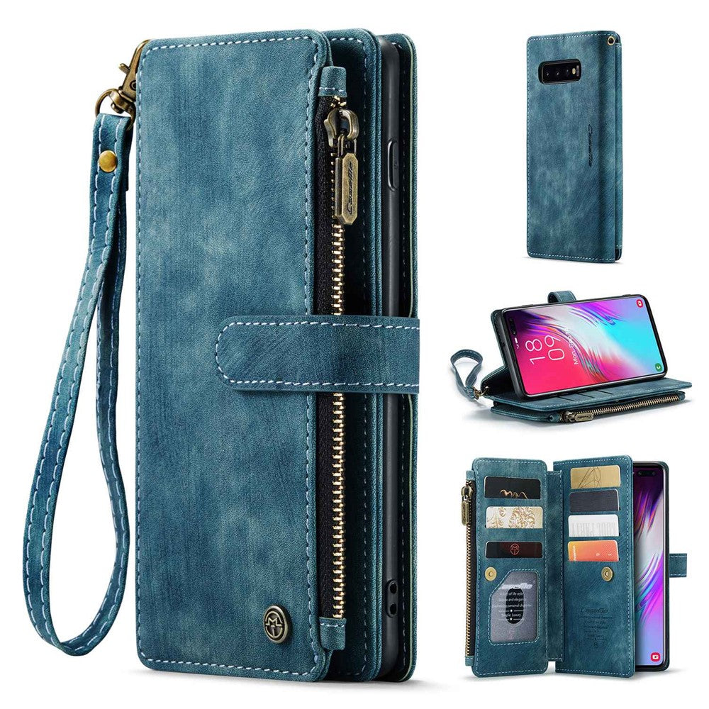 For Samsung Galaxy S10 Plus 4G Phone Cases with Strap CASEME C30 Zipper Multiple Card Holder PU Leather Cover