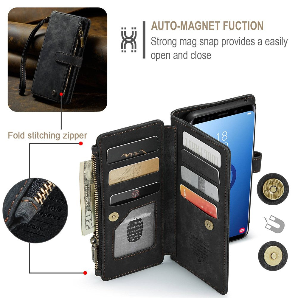 For Samsung Galaxy S9+ Phone Cases with Strap CASEME C30 Zipper Multiple Card Holder PU Leather Cover