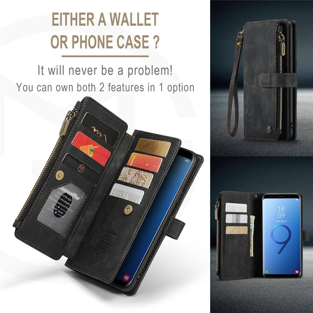 For Samsung Galaxy S9+ Phone Cases with Strap CASEME C30 Zipper Multiple Card Holder PU Leather Cover