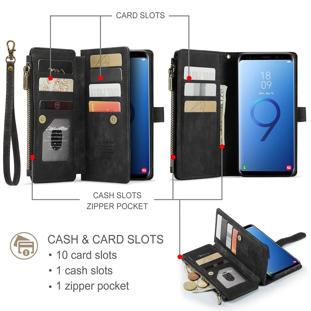 For Samsung Galaxy S9+ Phone Cases with Strap CASEME C30 Zipper Multiple Card Holder PU Leather Cover