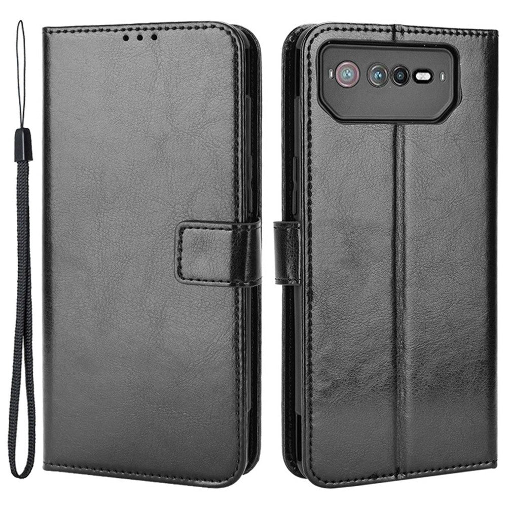 For Asus ROG Phone 6 5G / Phone 6 Pro 5G Crazy Horse Texture Wallet Case PU Leather Stand Wrist Strap Inner TPU Shockproof Flip Cover
