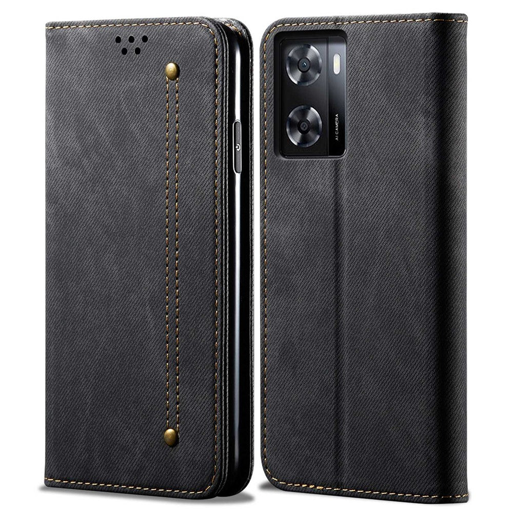 Oppo A57 (2022) 5G / A57 4G / A77 5G / A57s 4G / Realme Q5i / V23 5G / Narzo 50 5G Stötsäkert mobilflik Plånboksfodral Stativ Jeans Tygtextur PU-läder mobilskal
