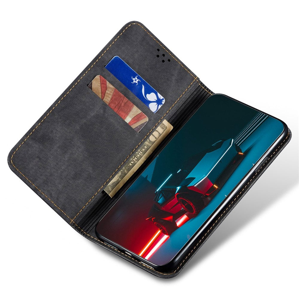 Oppo A57 (2022) 5G / A57 4G / A77 5G / A57s 4G / Realme Q5i / V23 5G / Narzo 50 5G Stötsäkert mobilflik Plånboksfodral Stativ Jeans Tygtextur PU-läder mobilskal