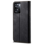 Oppo A57 (2022) 5G / A57 4G / A77 5G / A57s 4G / Realme Q5i / V23 5G / Narzo 50 5G Stötsäkert mobilflik Plånboksfodral Stativ Jeans Tygtextur PU-läder mobilskal