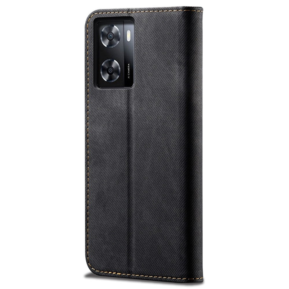 Oppo A57 (2022) 5G / A57 4G / A77 5G / A57s 4G / Realme Q5i / V23 5G / Narzo 50 5G Stötsäkert mobilflik Plånboksfodral Stativ Jeans Tygtextur PU-läder mobilskal