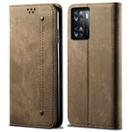 Oppo A57 (2022) 5G / A57 4G / A77 5G / A57s 4G / Realme Q5i / V23 5G / Narzo 50 5G Stötsäkert mobilflik Plånboksfodral Stativ Jeans Tygtextur PU-läder mobilskal