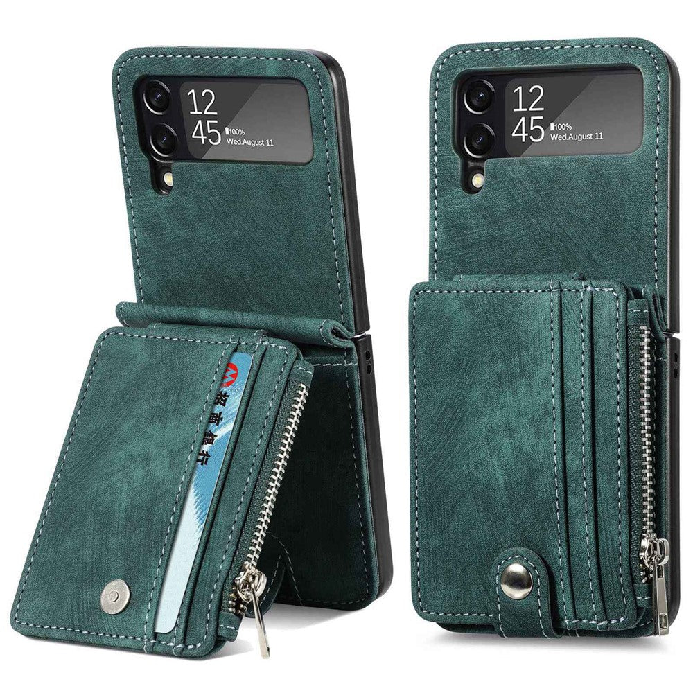 Samsung Galaxy Z Flip4 5G Flera kortplatser Blixtlåsficka Helt vikbart mobilskal Retrotextur Läderbelagt PC Stativfodral
